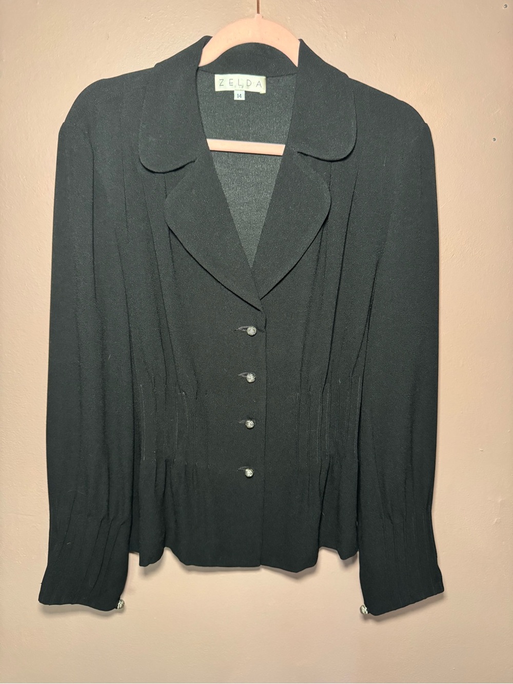 Vintage Zelda Womens Pleated Black Button Front Collared Jacket Size 14